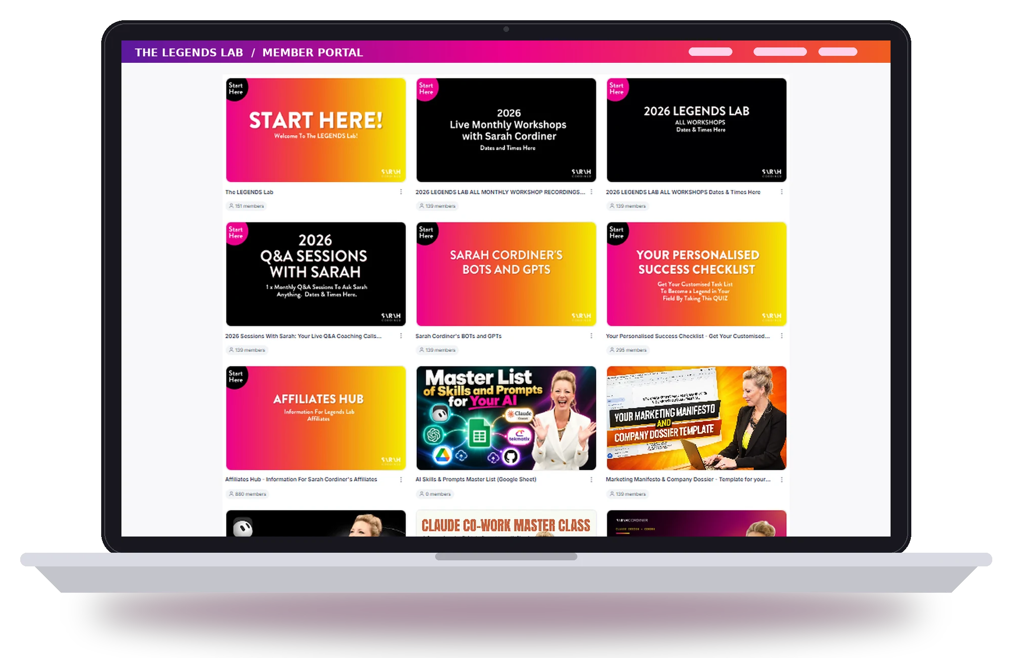 The Legends Lab member portal shown on a laptop, with course tiles for workshops, Q&A sessions and AI prompts