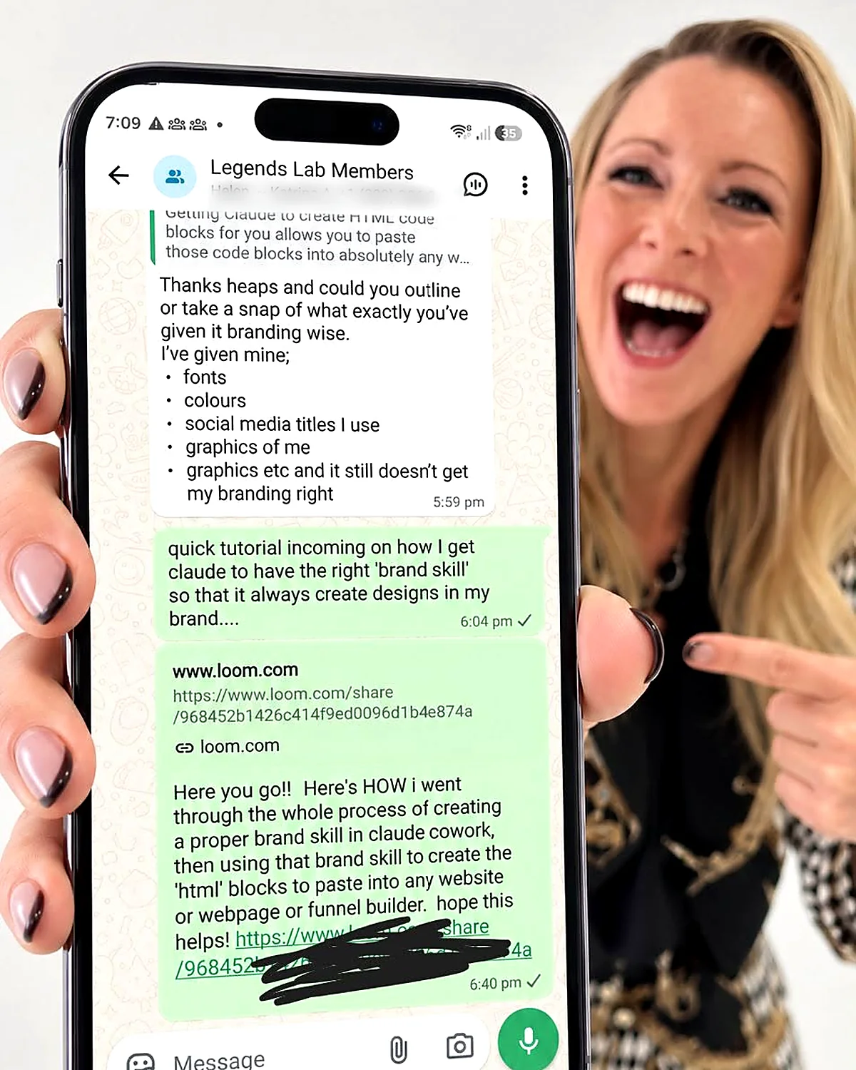 Sarah Cordiner showing a tutorial she shared in the Legends Lab members WhatsApp group