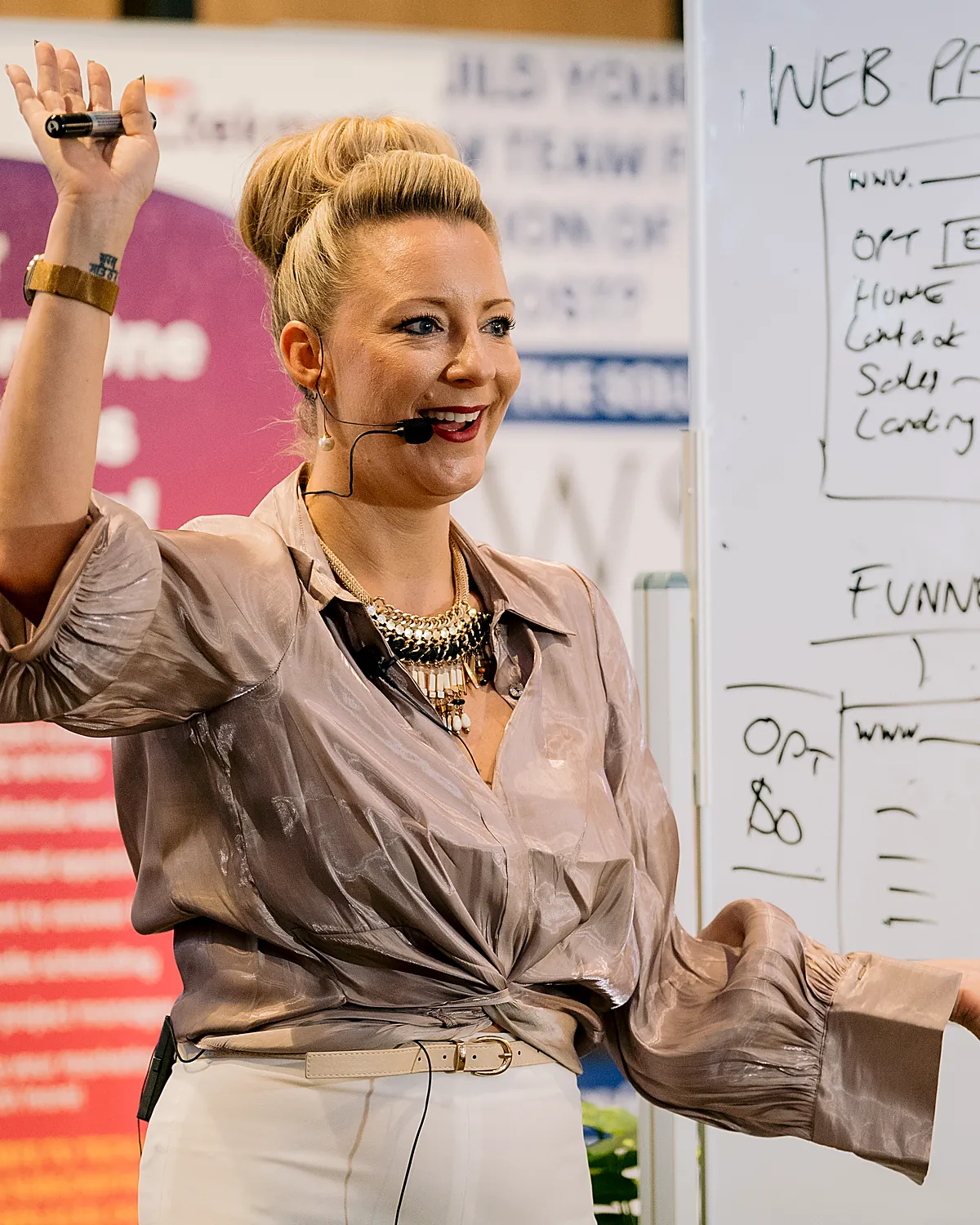 Sarah Cordiner teaching a funnel diagram on a whiteboard