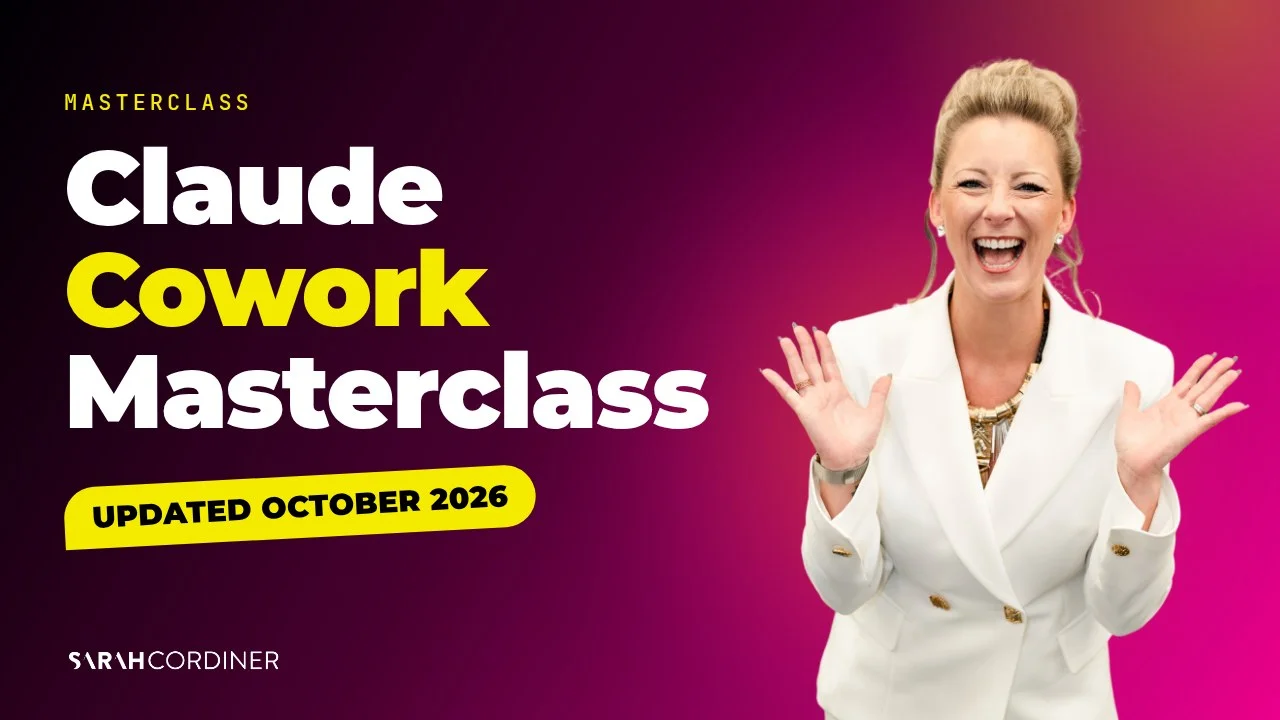 Claude Cowork Masterclass updated October 2026 lesson thumbnail made by Sarah Cordiner's AI Course Manager agent from her real headshot and brand kit