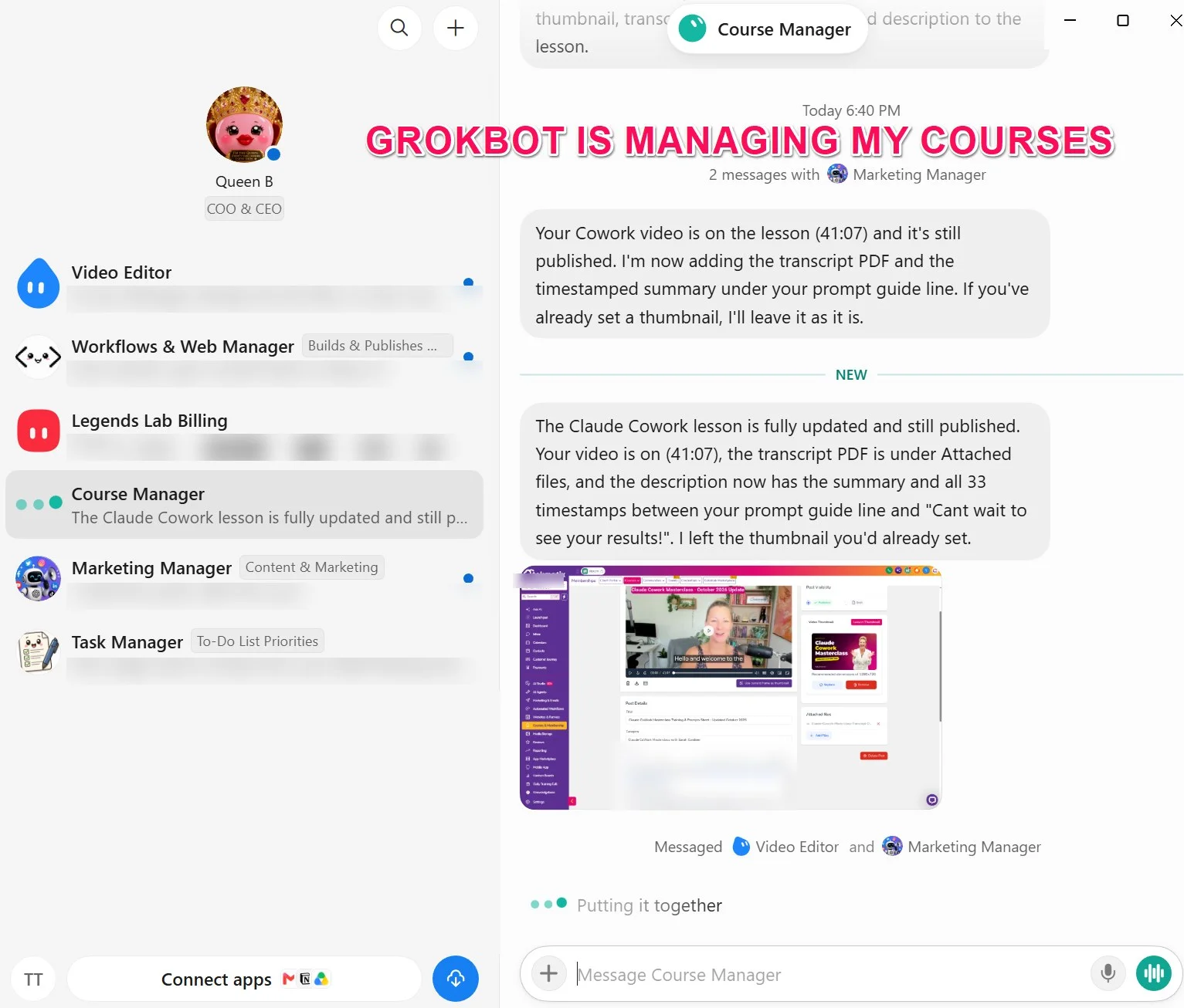 AI course manager: Sarah Cordiner's GrokBot Course Manager agent reporting that her Claude CoWork Masterclass lesson is updated with the video, transcript PDF and 33 timestamps