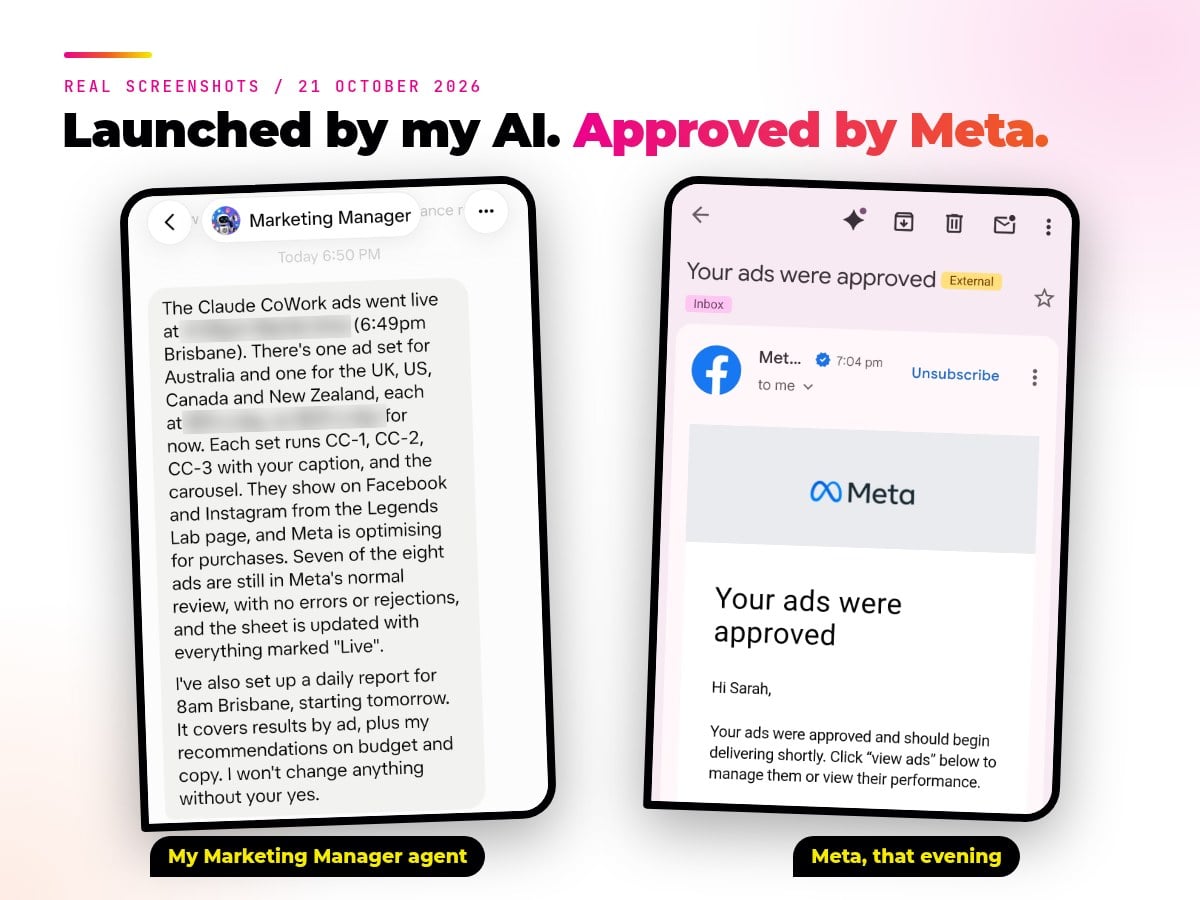 AI Meta ads: Sarah Cordiner's GrokBot Marketing Manager agent reporting her ads are live, next to Meta's Your ads were approved email