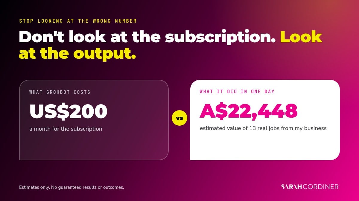 GrokBot for business: a US$200 a month subscription compared with an estimated A$22,448 of work done in one day