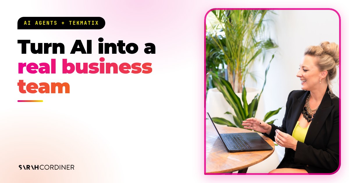 How to build an AI team for your business, with Sarah Cordiner, business and AI educator, working on her laptop