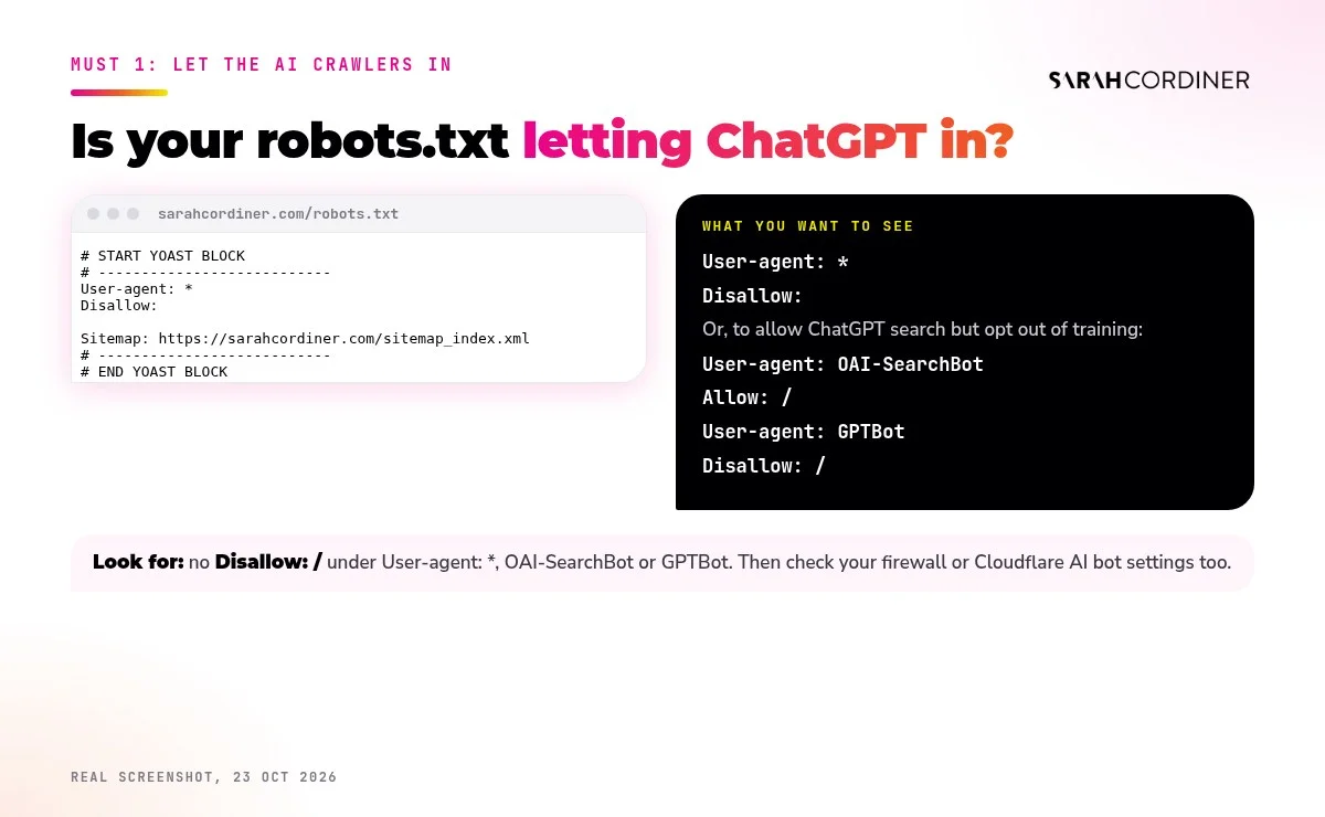 How to get ChatGPT to recommend you: check robots.txt allows OAI-SearchBot, shown on the real sarahcordiner.com robots.txt