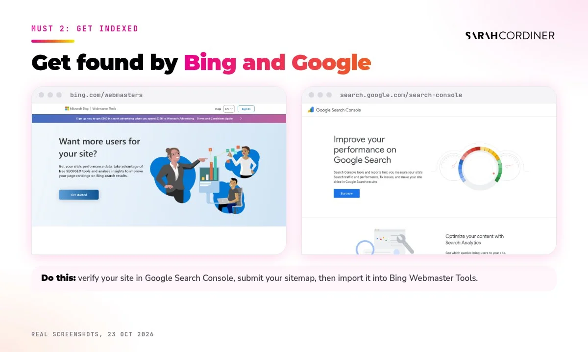 Get indexed for AI referral traffic: the free Bing Webmaster Tools and Google Search Console sign-up pages