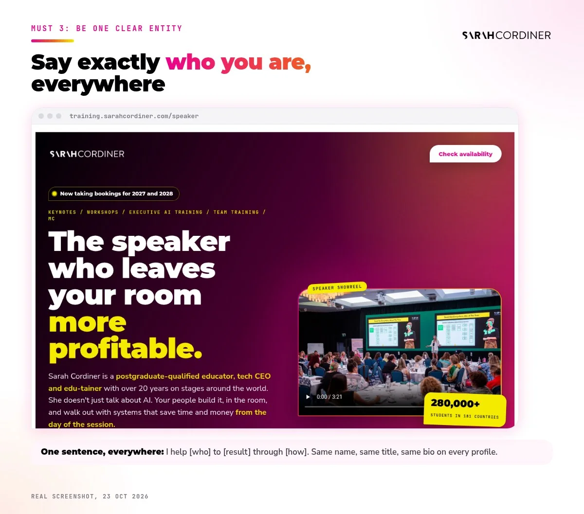Be clear who you are so AI can recommend you: the top of Sarah Cordiner's real speaker page with her title and proof points