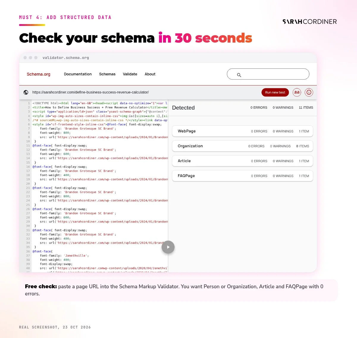 Structured data for AI search: the Schema Markup Validator showing WebPage, Organization, Article and FAQPage on a Sarah Cordiner blog post with zero errors