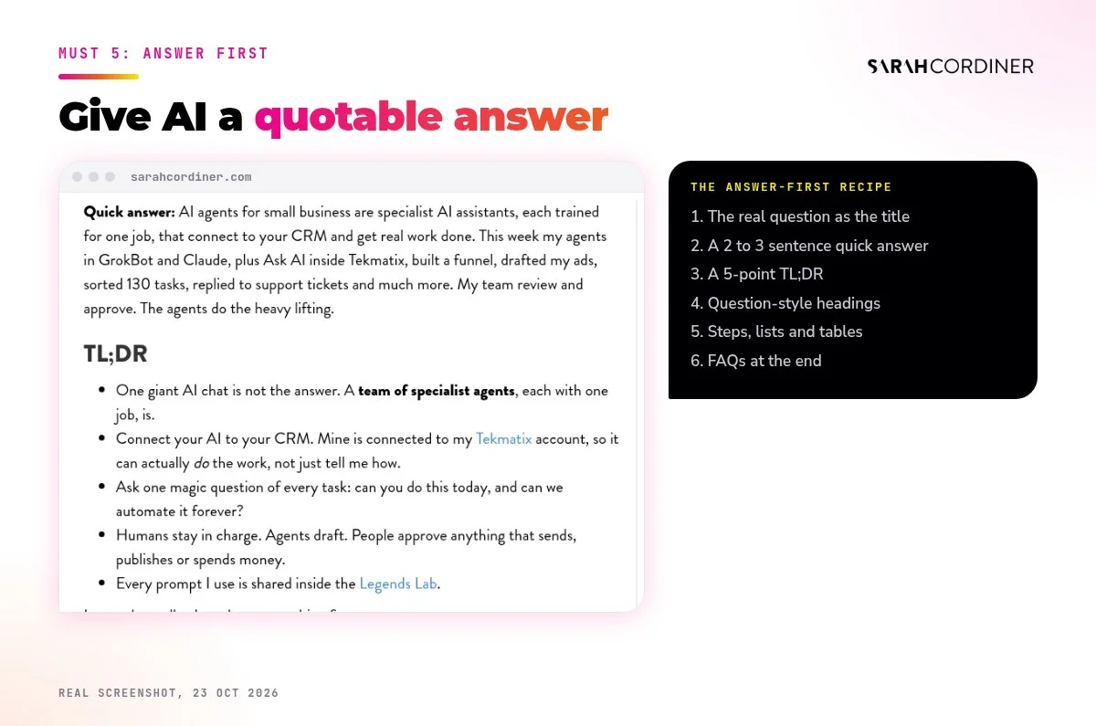 Answer-first content for AI search: a real Quick answer and TL;DR at the top of a Sarah Cordiner blog post