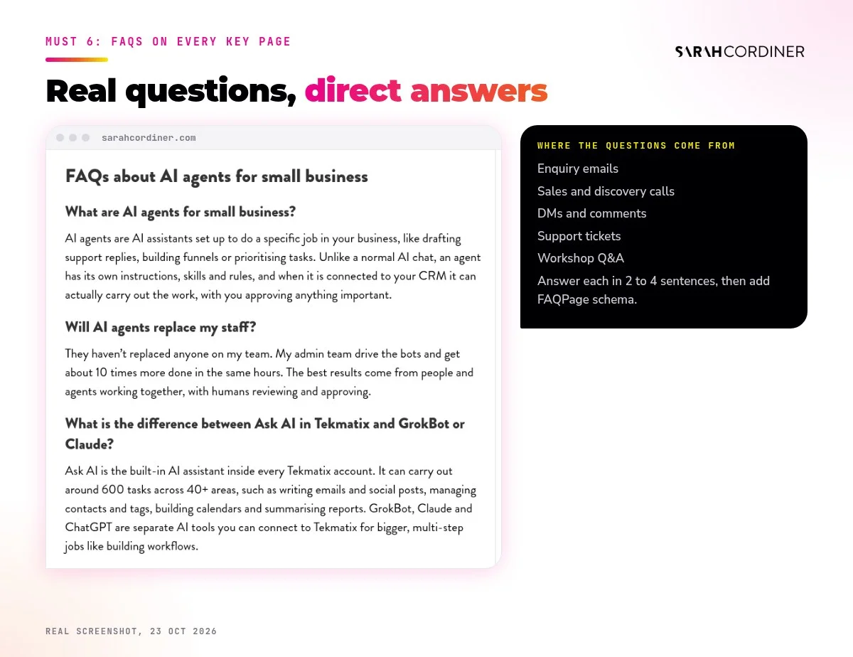 FAQs help ChatGPT recommend you: a real FAQ section with question headings on a Sarah Cordiner blog post