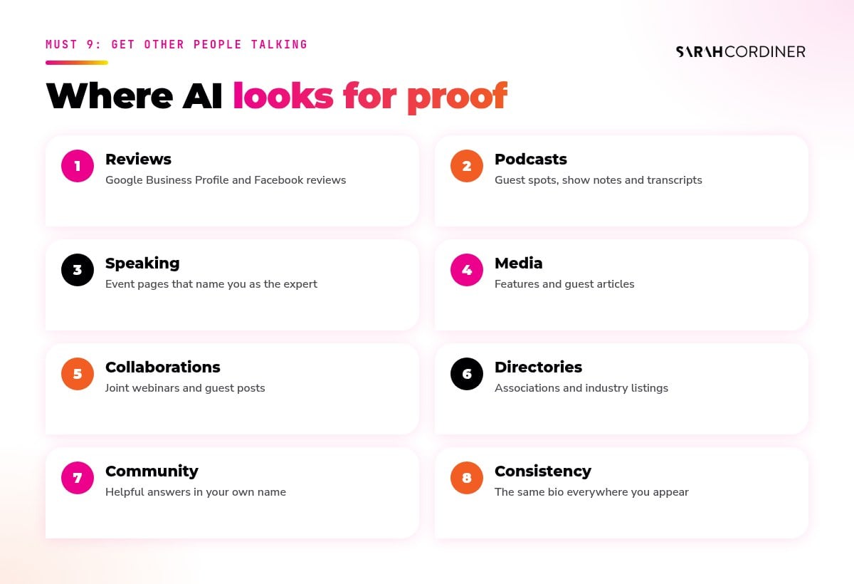 How to get mentioned so AI recommends you: podcasts, reviews, media, speaking, collaborations, directories and community answers