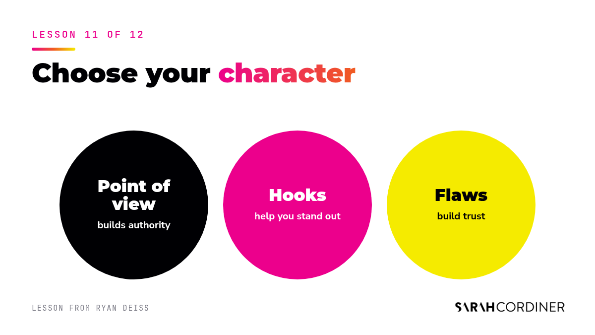 Ryan Deiss's three parts of a remarkable character: a unique point of view, brandable hooks, and flaws and quirks